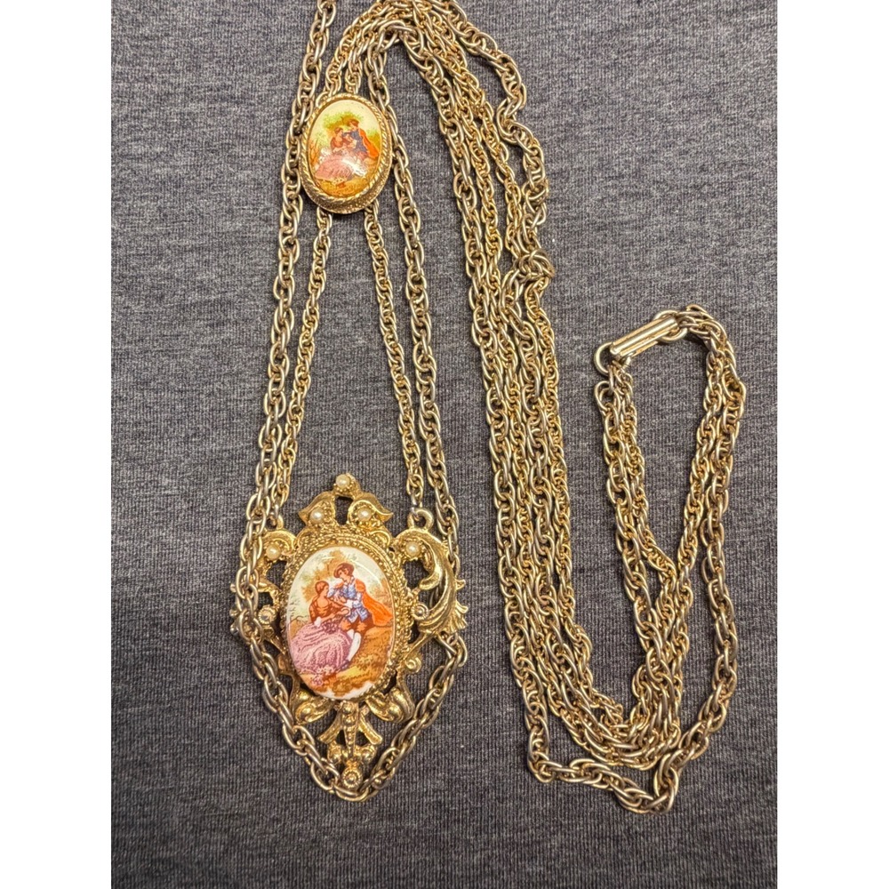 Necklace Gold Tone Faux Pearl Fragonard Courting Couple Victorian Style 24 In - Picture 9 of 14